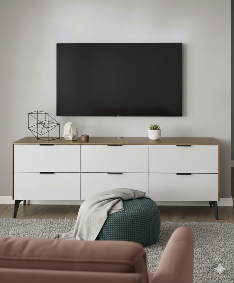 Modern living room setup with a wall-mounted flat-screen TV above a wooden and white cabinet, featuring geometric decor, a stone sculpture, a small plant, and a gray blanket draped over a green pouf on a light gray rug.